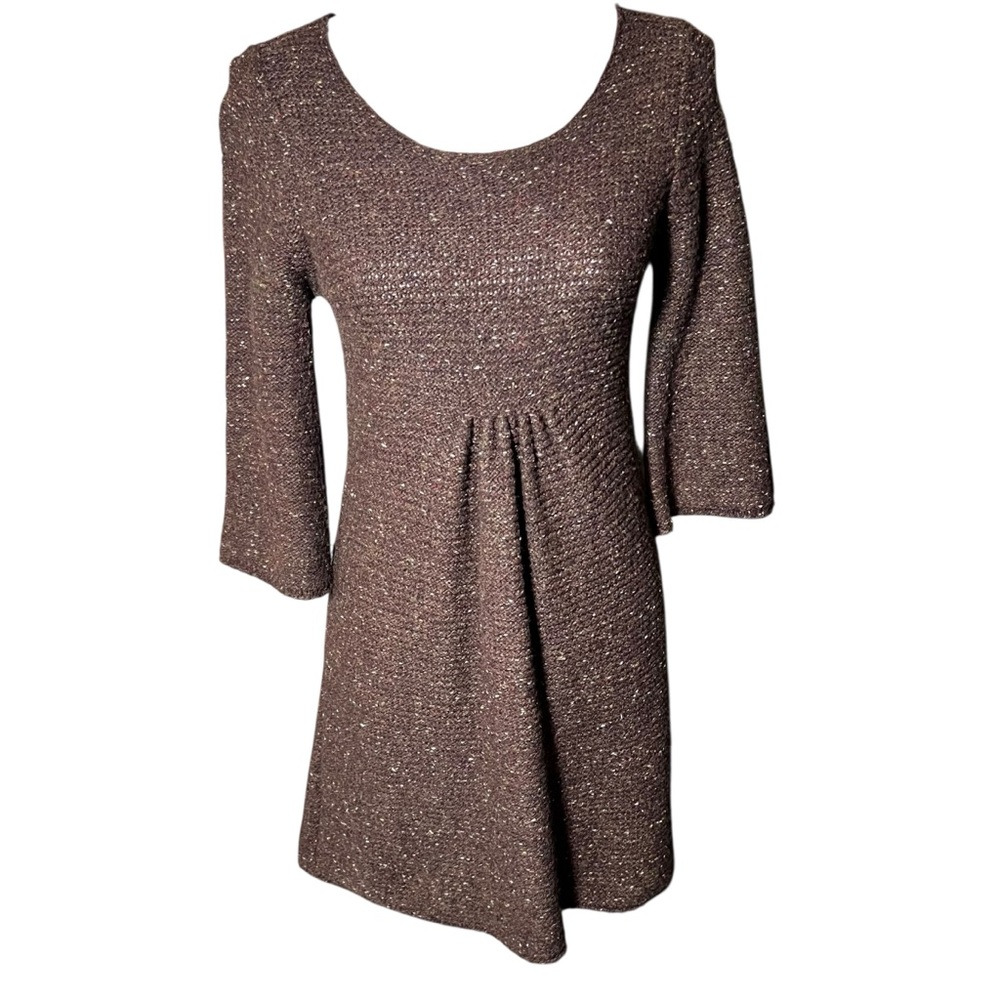 Max Studio Sweater Mini‎ Dress Pleated Front 3/4 Sleeves Brown A Line Small Fall